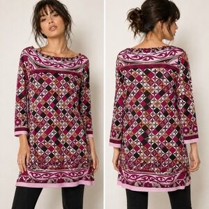 Tory Burch Top Womens Large Pink 100% Silk Boat Neck Pullover Mosaic Retro Tunic